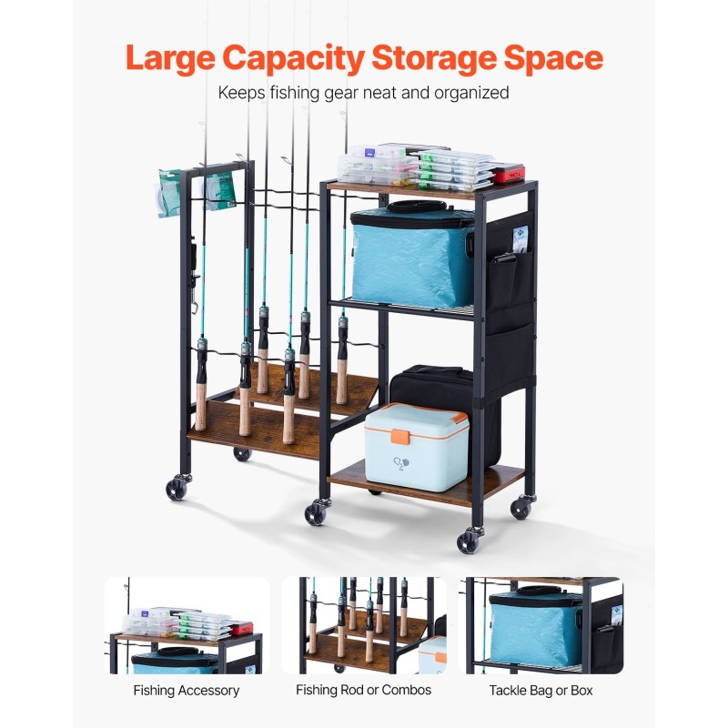 Kalastusvapateline MDF-levy ja seosteräsrunko 12 vavalle 6 pyörää jarruilla