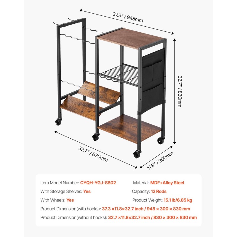 Kalastusvapateline MDF-levy ja seosteräsrunko 12 vavalle 6 pyörää jarruilla