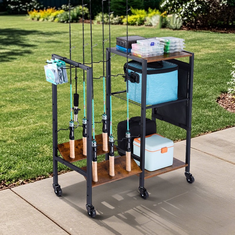 Kalastusvapateline MDF-levy ja seosteräsrunko 12 vavalle 6 pyörää jarruilla