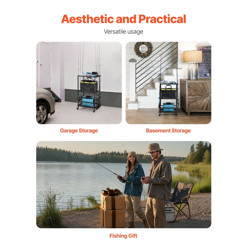 Kalastusvapateline seosteräksestä 10 vavalle monitasoisella hyllyllä pyörillä ja jarruilla sisäkäyttöön