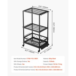 Kalastusvapateline seosteräksestä 10 vavalle monitasoisella hyllyllä pyörillä ja jarruilla sisäkäyttöön
