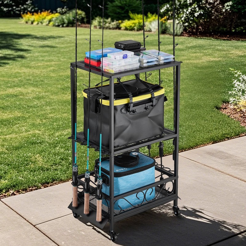 Kalastusvapateline seosteräksestä 10 vavalle monitasoisella hyllyllä pyörillä ja jarruilla sisäkäyttöön