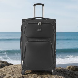 28-tuumainen pehmeä matkalaukku musta laajennettava neljällä pyörällä TSA-lukolla