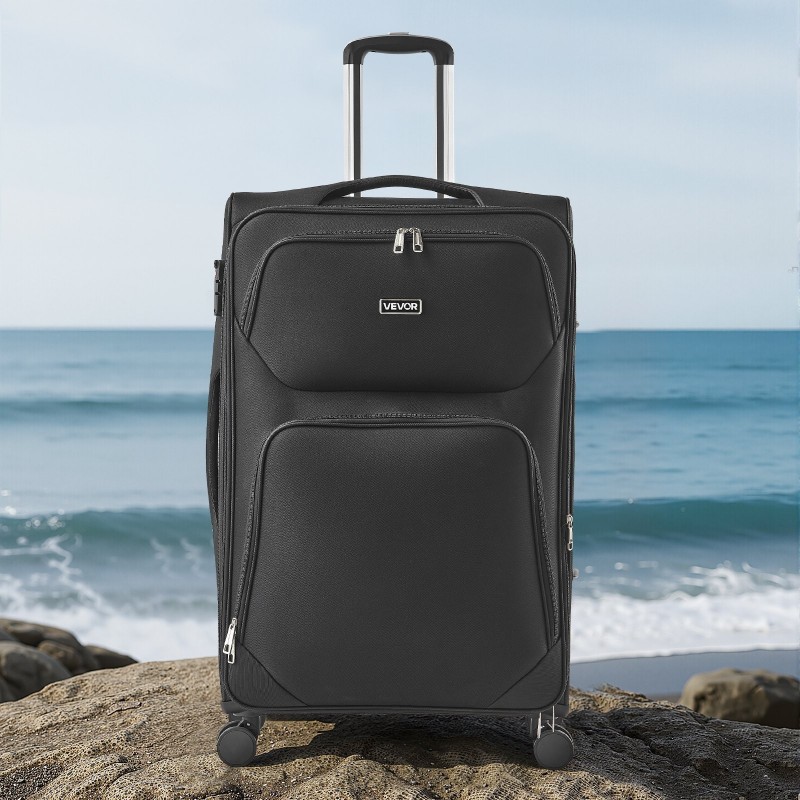 28-tuumainen pehmeä matkalaukku musta laajennettava neljällä pyörällä TSA-lukolla