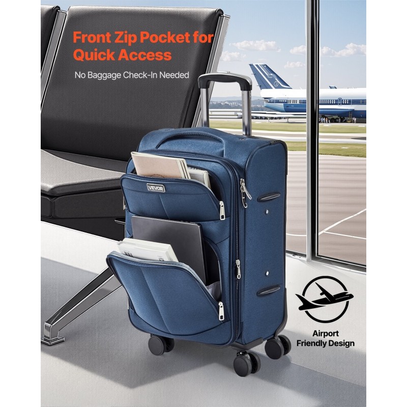 Pehmeäkantainen 20-tuumainen käsimatkalaukku sininen twill-Oxford-kangas laajennettava 360 asteen pyörillä TSA-lukolla