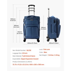 Pehmeäkantainen 20-tuumainen käsimatkalaukku sininen twill-Oxford-kangas laajennettava 360 asteen pyörillä TSA-lukolla
