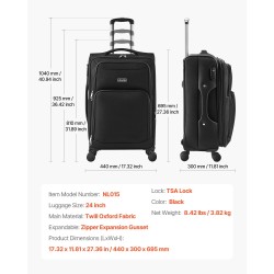 Pehmeä 24-tuumainen matkalaukku musta laajennettava TSA-lukollinen nelipyöräinen kevyt