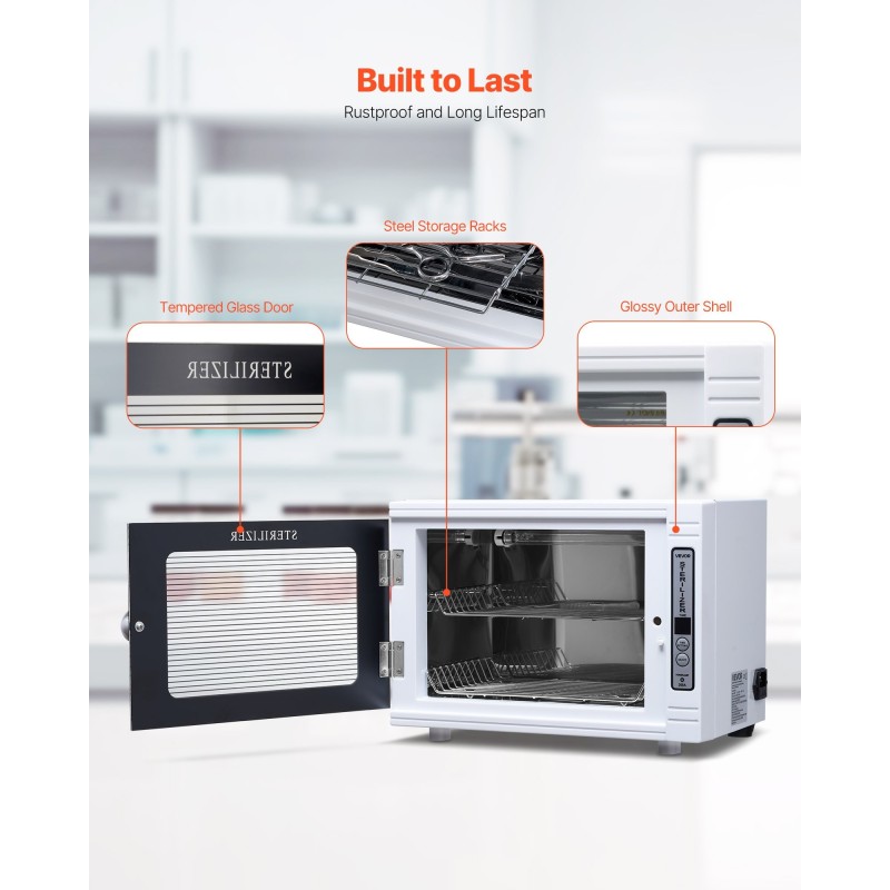 UV-puhdistuskaappi kynsityökaluille 12 l 185 nm ajastimella irrotettavilla hyllyillä karkaistu lasiovi