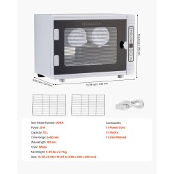 UV-puhdistuskaappi kynsityökaluille 12 l 185 nm ajastimella irrotettavilla hyllyillä karkaistu lasiovi