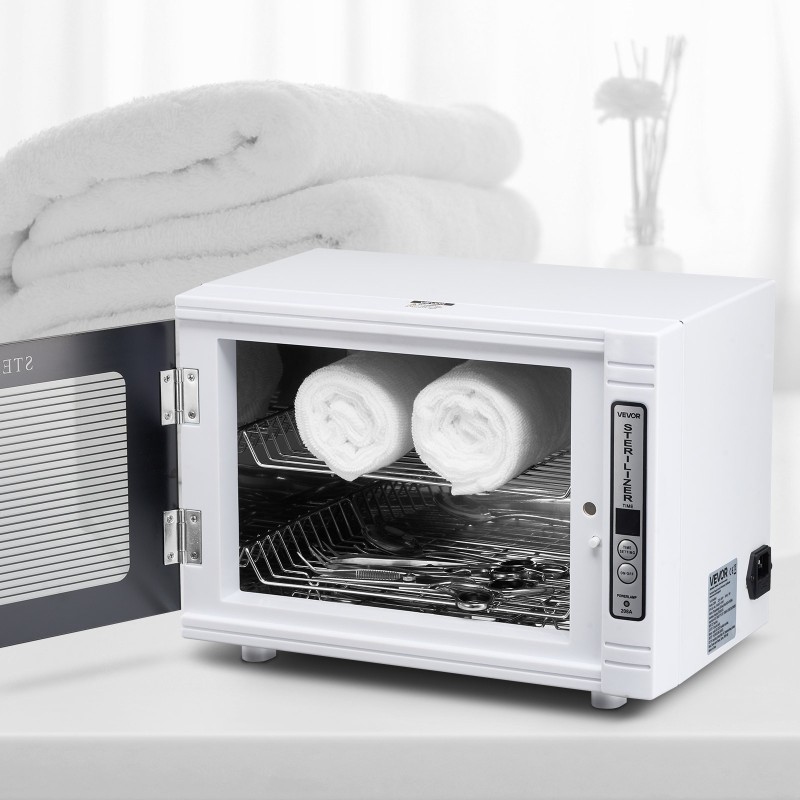 UV-puhdistuskaappi kynsityökaluille 12 l 185 nm ajastimella irrotettavilla hyllyillä karkaistu lasiovi