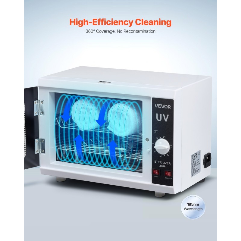 UV-sterilointikaappi kynsityökaluille 12 l kaksitasoinen irrotettavilla hyllyillä 185 nm ajastin 5–60 min