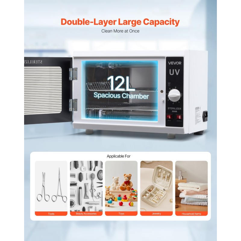 UV-sterilointikaappi kynsityökaluille 12 l kaksitasoinen irrotettavilla hyllyillä 185 nm ajastin 5–60 min