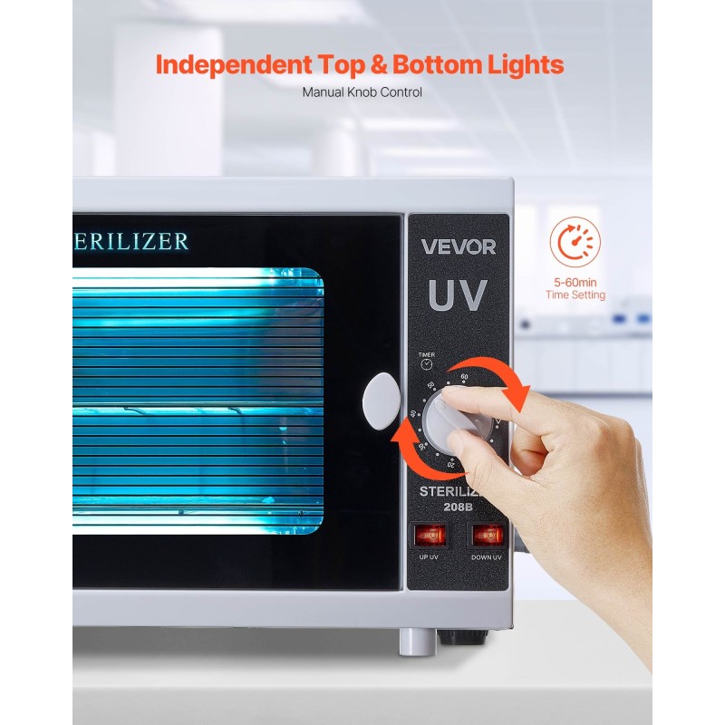 UV-sterilointikaappi kynsityökaluille 12 l kaksitasoinen irrotettavilla hyllyillä 185 nm ajastin 5–60 min