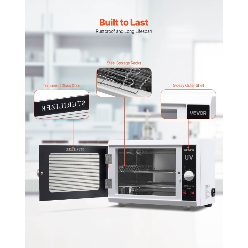 UV-sterilointikaappi kynsityökaluille 12 l kaksitasoinen irrotettavilla hyllyillä 185 nm ajastin 5–60 min