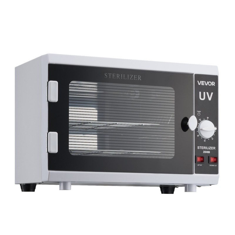 UV-sterilointikaappi kynsityökaluille 12 l kaksitasoinen irrotettavilla hyllyillä 185 nm ajastin 5–60 min