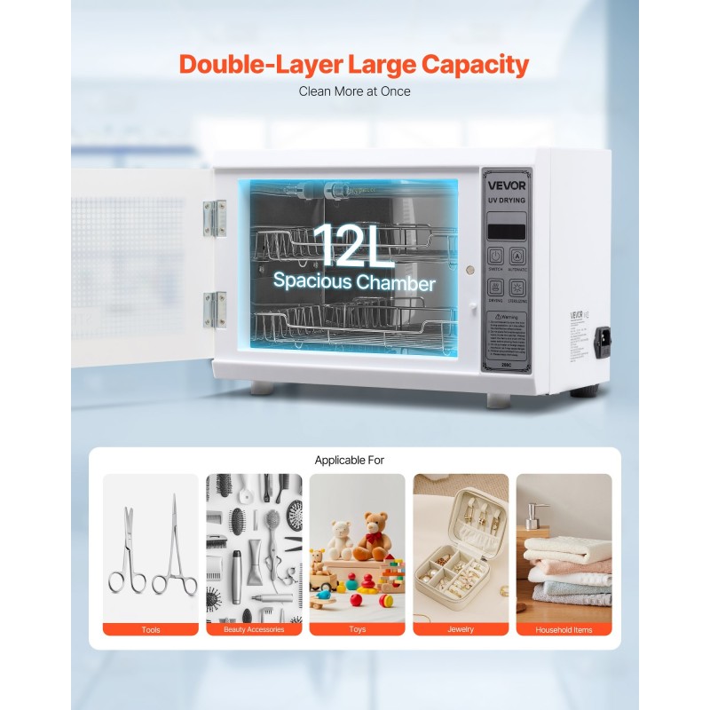 Puhdistuskaappi kynsityökaluille UV 185 nm 12L valkoinen kaksitasoinen