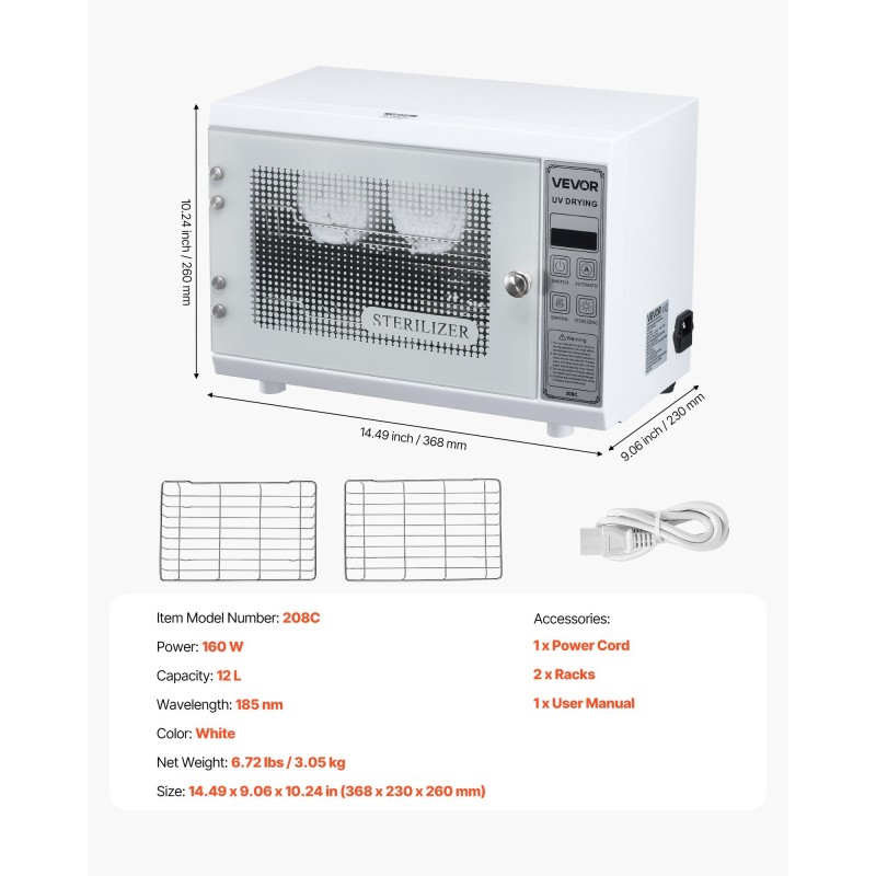 Puhdistuskaappi kynsityökaluille UV 185 nm 12L valkoinen kaksitasoinen