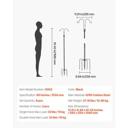 Teräspaalu 1524 mm säädettävä kaksikoukkuinen lintulautoille ja koristeille