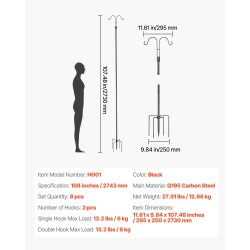 Lintujen ruokintapylväs Q195 hiiliteräs 2743 mm 2 koukkua 8 kpl