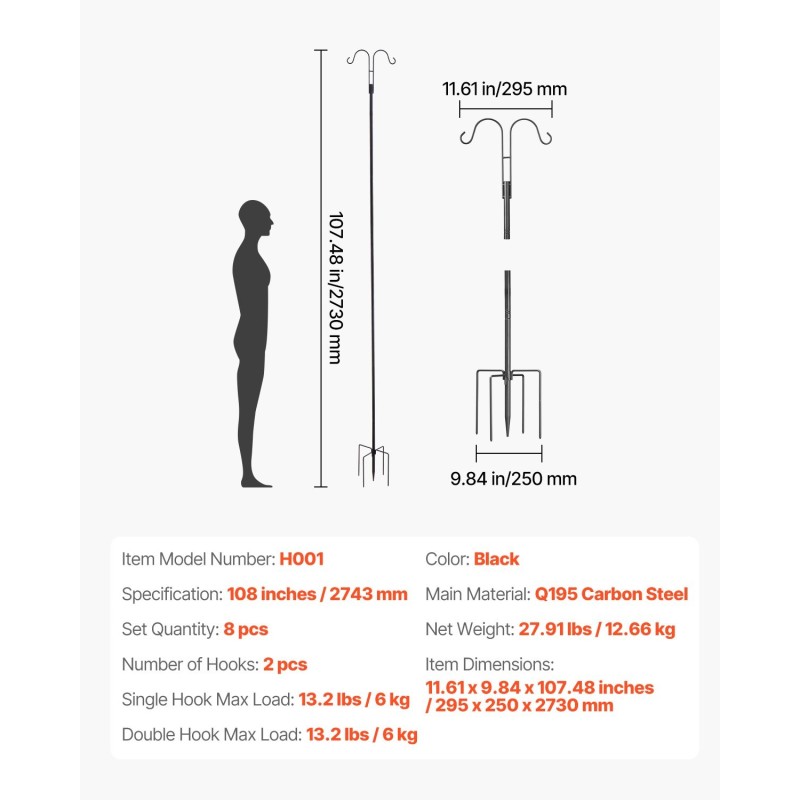 Lintujen ruokintapylväs Q195 hiiliteräs 2743 mm 2 koukkua 8 kpl