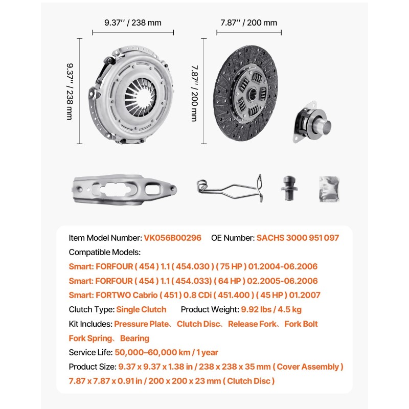 Kytkinsarja yksilevykytkin Smart-malleihin Forfour Fortwo 2004–2007