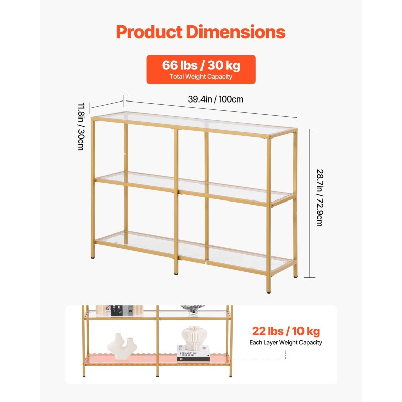Konsolipöytä 3-tasoinen karkaistu lasi metallirunko eteiseen
