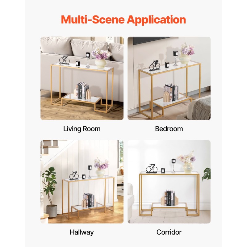 Konsolipöytä karkaistusta lasista metallirunkoinen kaksitasoinen kultainen seinäkiinnikkeellä
