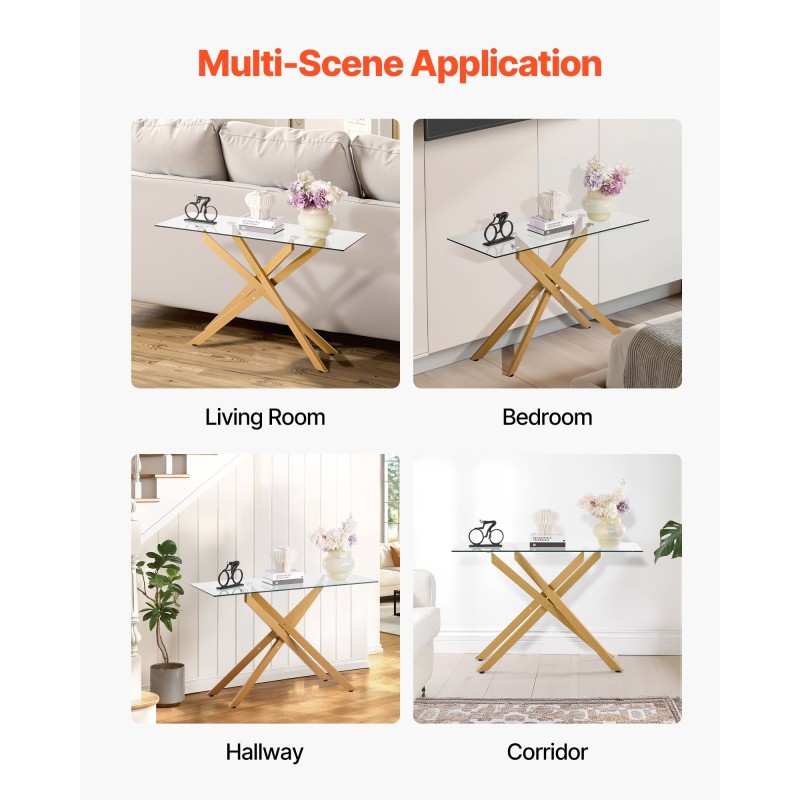 Lasinen sivupöytä karkaistulla lasikannella kultaisella metallirungolla olohuoneeseen