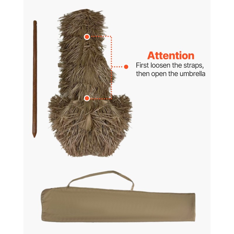 Olkikattoinen aurinkovarjo PP olkikatteella 198 cm halkaisija säädettävä kallistus 8 metallikaarta ulkokäyttöön