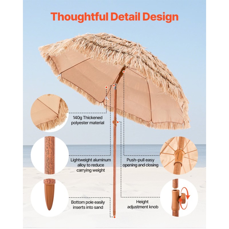 Olkikattoinen aurinkovarjo PP olkikatteella 198 cm halkaisija säädettävä kallistus 8 metallikaarta ulkokäyttöön