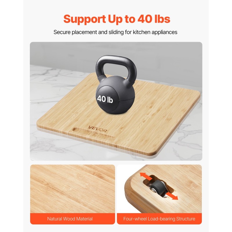Keittiölaitteiden liukualusta luonnonpuusta kumipyörillä 330 x 406 mm 18,14 kg