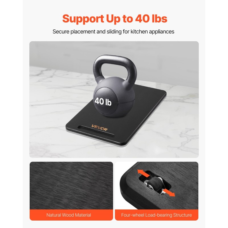 Keittiölaitteiden liukualusta 356 x 241 millimetriä musta 18 kilon kantavuus kumipyörillä kahvalla