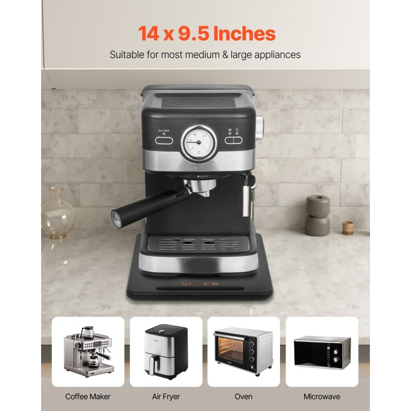 Keittiölaitteiden liukualusta 356 x 241 millimetriä musta 18 kilon kantavuus kumipyörillä kahvalla