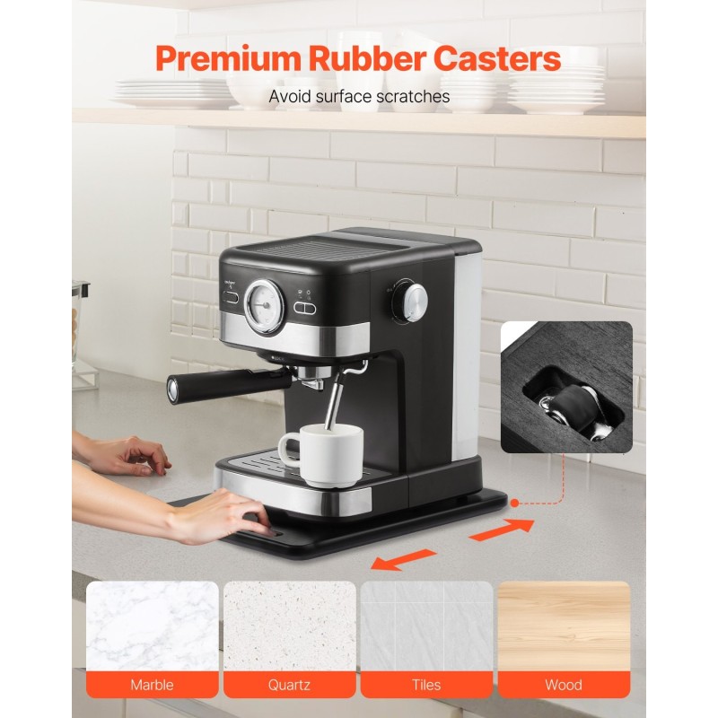 Keittiölaitteiden liukualusta 356 x 241 millimetriä musta 18 kilon kantavuus kumipyörillä kahvalla