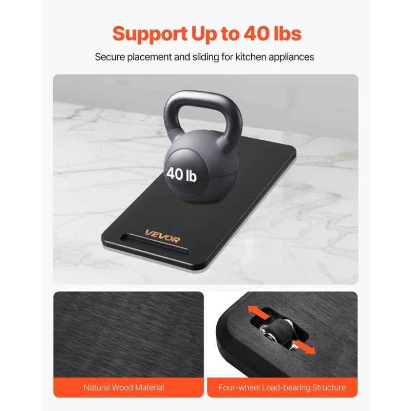 Keittiökonealusta musta keskikokoinen kantaa kahdeksantoista kilogrammaa pehmeillä kumipyörillä ontolla kahvalla