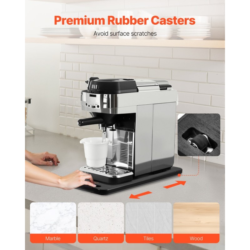 Keittiökonealusta musta keskikokoinen kantaa kahdeksantoista kilogrammaa pehmeillä kumipyörillä ontolla kahvalla