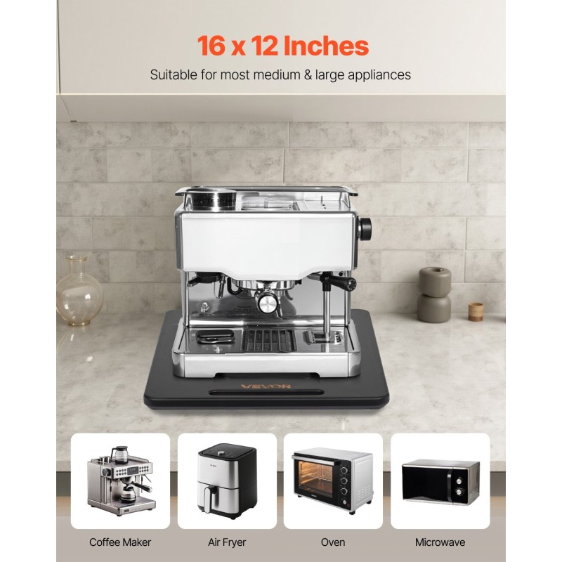 Liukualusta keittiölaitteille puulevy 406×305 mm kantavuus 18 kg pehmeät kumipyörät musta