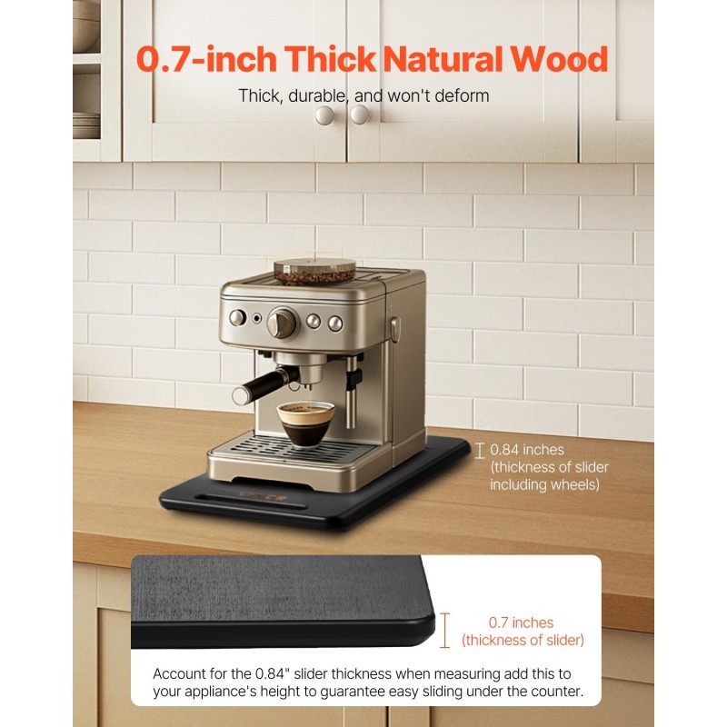 Liukualusta keittiölaitteille puulevy 406×305 mm kantavuus 18 kg pehmeät kumipyörät musta