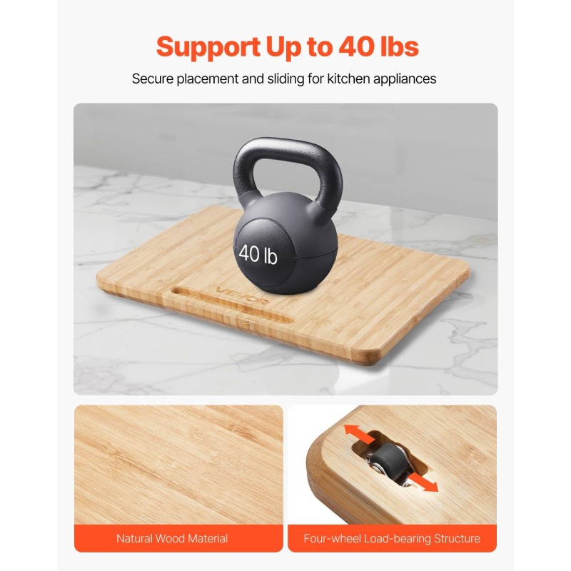 Keittiölaitteiden liukulevy luonnonpuuta 267 x 330 mm 18,14 kg kantavuus kumipyörillä