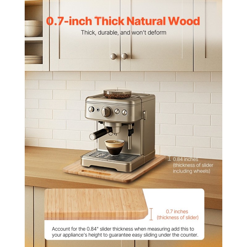 Keittiölaitteiden liukulevy luonnonpuuta 267 x 330 mm 18,14 kg kantavuus kumipyörillä