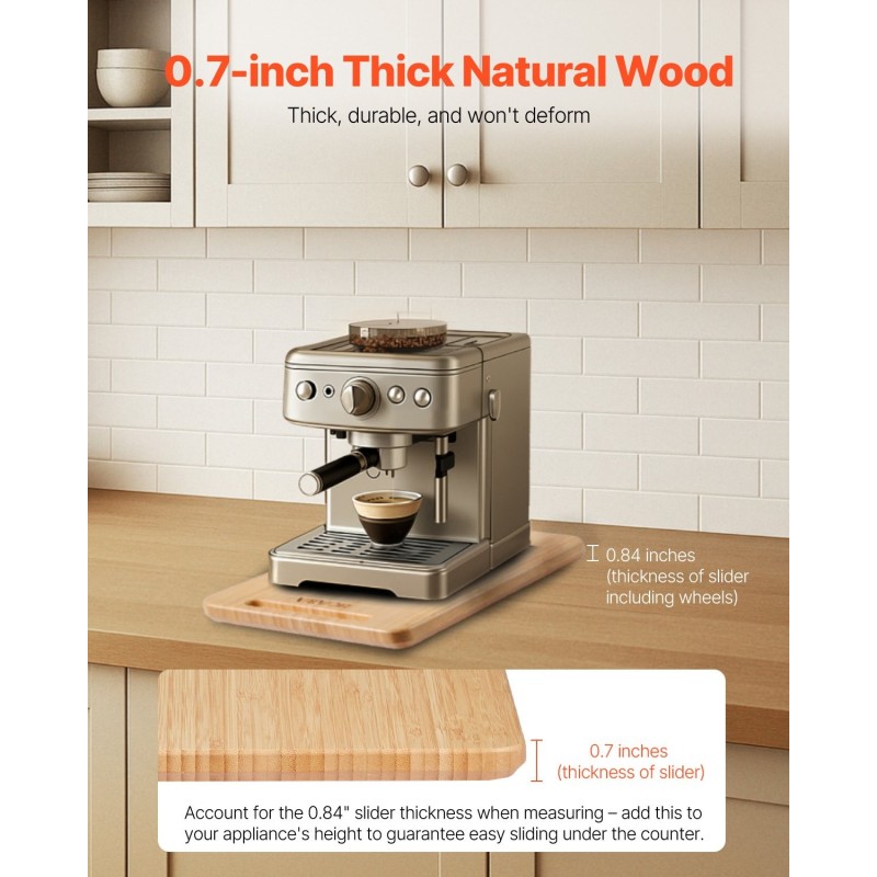 Liukulevy keittiökoneille luonnonpuu 406 x 305 mm kumipyörillä 18 kg kantavuus