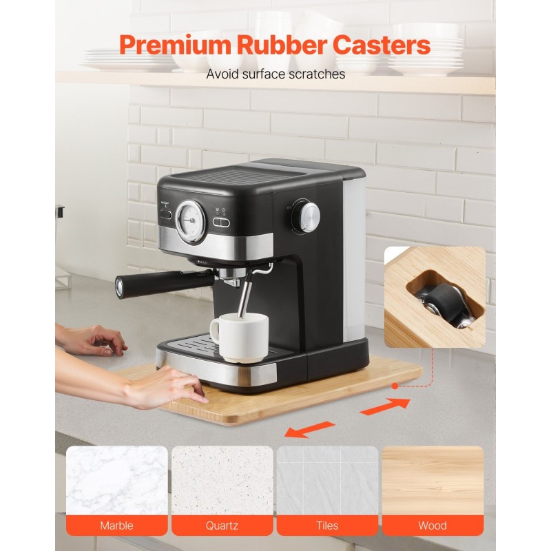 Liukulevy keittiökoneille luonnonpuu 406 x 305 mm kumipyörillä 18 kg kantavuus