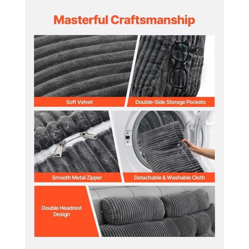 King size -kokoinen samettinen kiilatyyny sängynpäätyyn harmaa