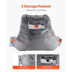 Luku- ja selkätyyny harmaa samettipäällinen silputtu muistivaahto 381x508x254 mm 3 taskua