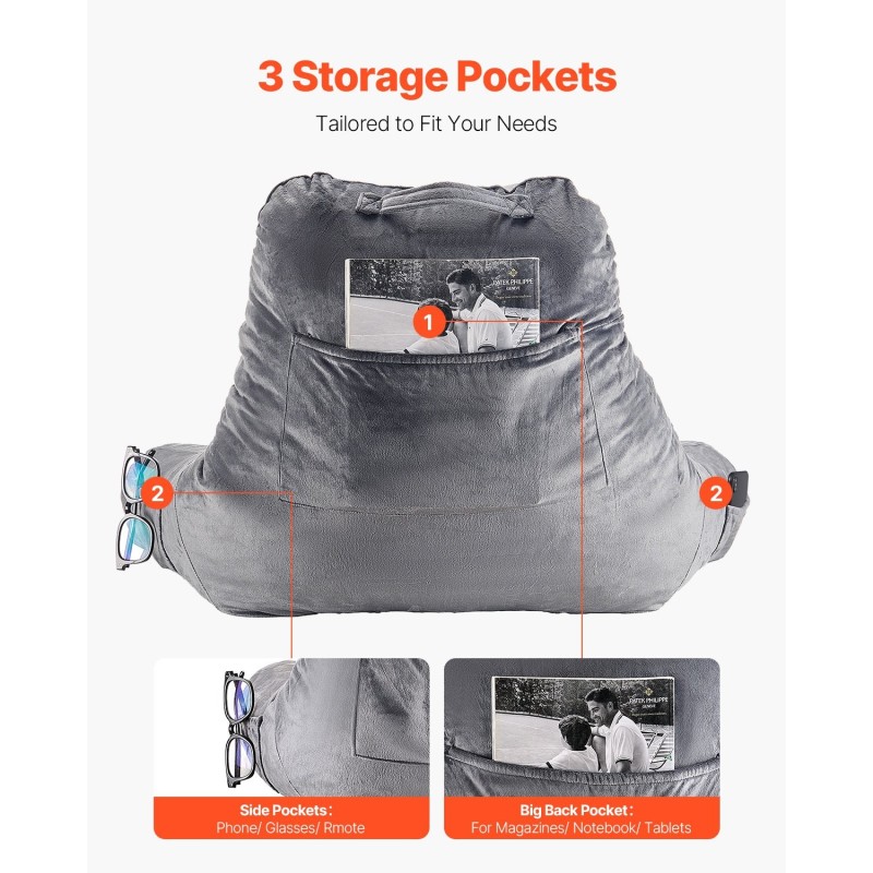 Luku- ja selkätyyny harmaa samettipäällinen silputtu muistivaahto 381x508x254 mm 3 taskua