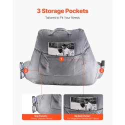 Selkätyyny silputulla muistivaahdolla samettipäällisellä 381×457×254mm harmaa kolmella taskulla