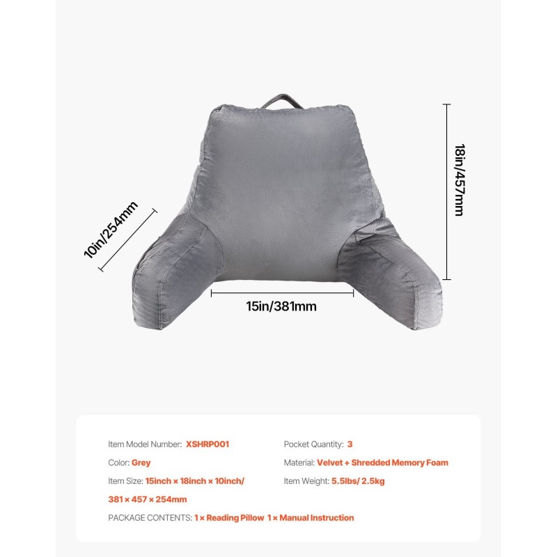 Selkätyyny silputulla muistivaahdolla samettipäällisellä 381×457×254mm harmaa kolmella taskulla
