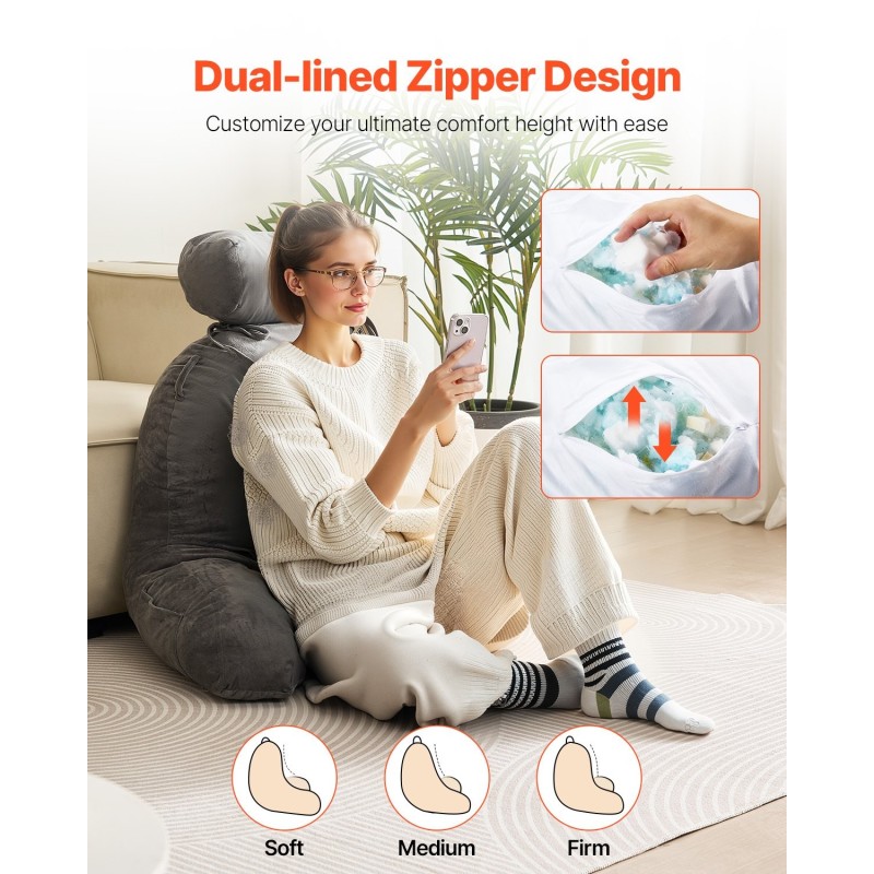 Tukityyny samettipäällisellä silputulla muistivaahdolla harmaa kolmella taskulla irrotettava niskatuki