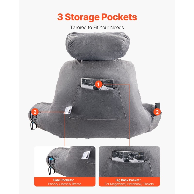 Tukityyny samettipäällisellä silputulla muistivaahdolla harmaa kolmella taskulla irrotettava niskatuki