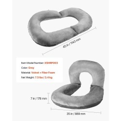 Suurikokoinen U-muotoinen seläntukityyny samettipäällisellä ja kuituvaahdolla 114x89x18cm harmaa